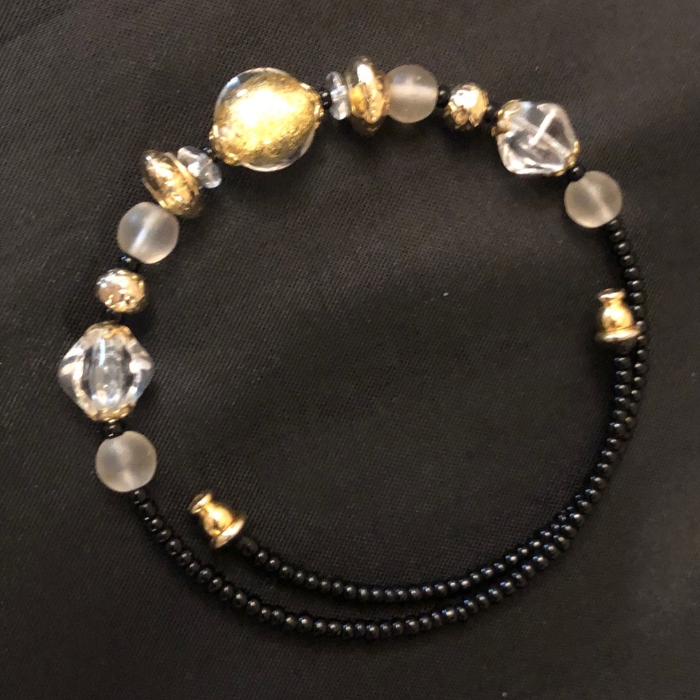 Beaded Black Coil Bracelet-Gold and Crystal Beads